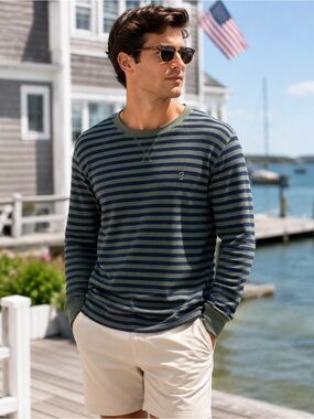 IZOD Men's Casual Sporty Striped Long Sleeve Green/Navy Waffle Weave Shirt, XL